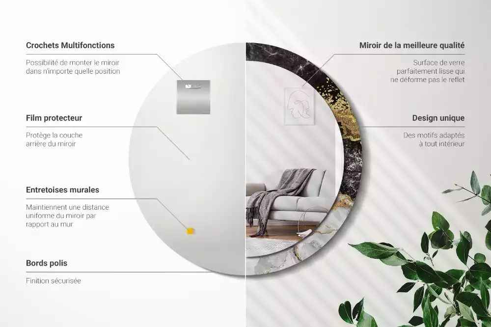 Lustro ścienne dekoracyjne w stylu loft z ramą w motywie czarnego marmuru, w wersji okrągłej