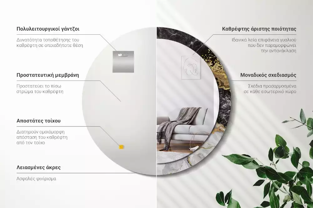 Lustro ścienne dekoracyjne w stylu loft z ramą w motywie czarnego marmuru, w wersji okrągłej