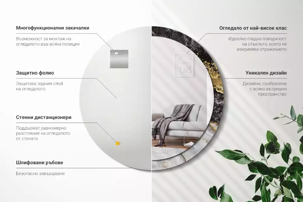 Lustro ścienne dekoracyjne w stylu loft z ramą w motywie czarnego marmuru, w wersji okrągłej