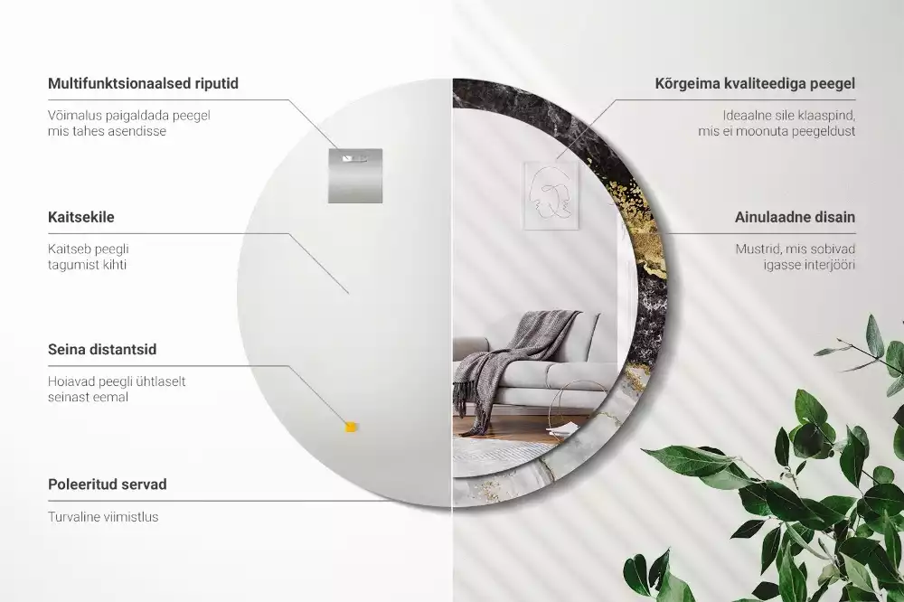 Lustro ścienne dekoracyjne w stylu loft z ramą w motywie czarnego marmuru, w wersji okrągłej