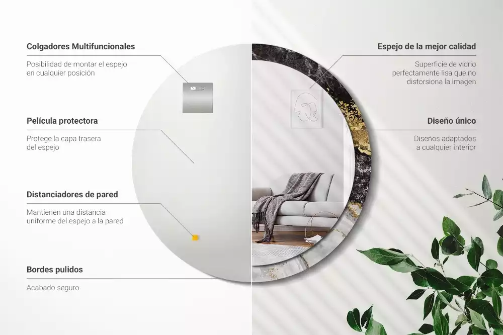 Lustro ścienne dekoracyjne w stylu loft z ramą w motywie czarnego marmuru, w wersji okrągłej