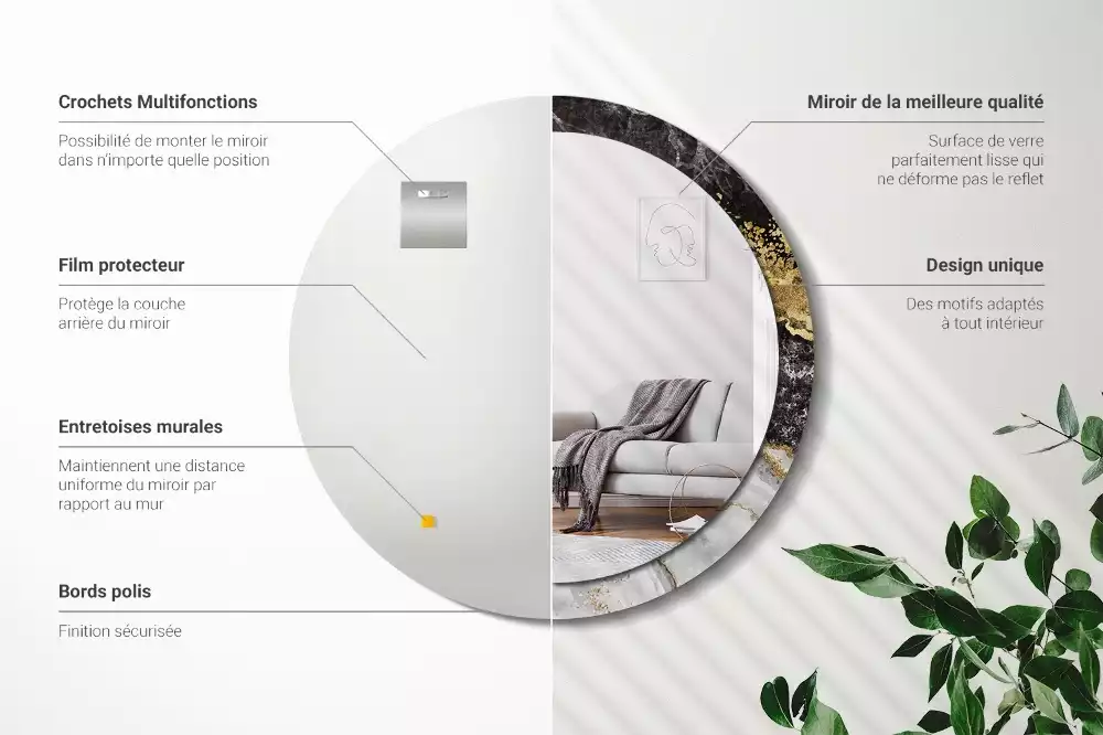 Lustro ścienne dekoracyjne w stylu loft z ramą w motywie czarnego marmuru, w wersji okrągłej