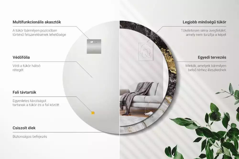 Lustro ścienne dekoracyjne w stylu loft z ramą w motywie czarnego marmuru, w wersji okrągłej