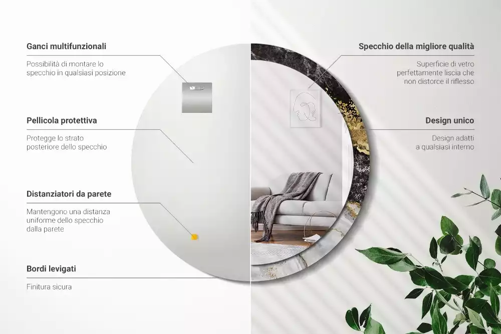 Lustro ścienne dekoracyjne w stylu loft z ramą w motywie czarnego marmuru, w wersji okrągłej