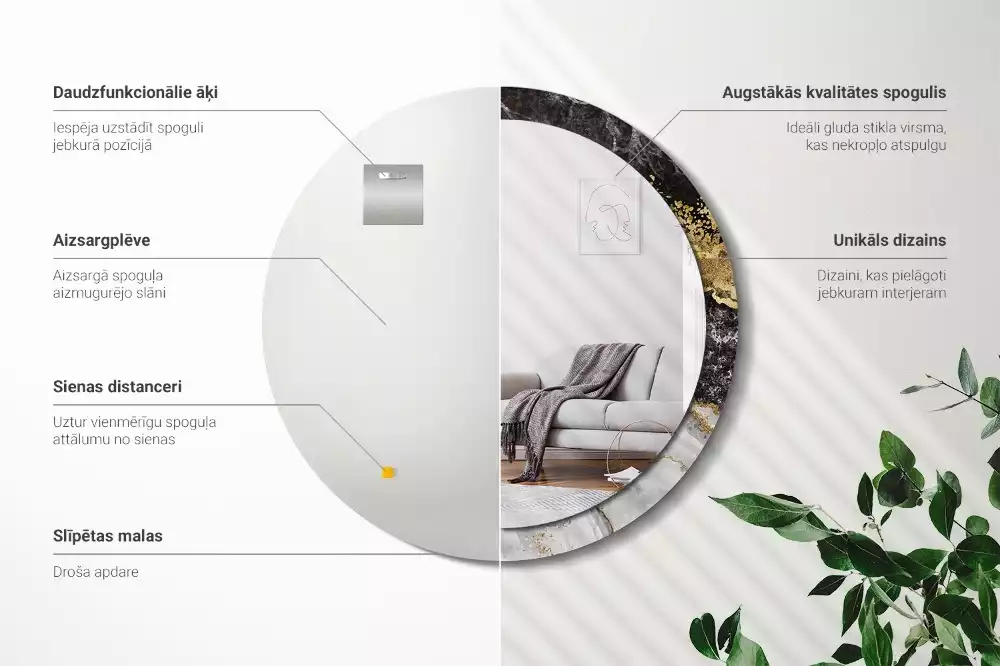 Lustro ścienne dekoracyjne w stylu loft z ramą w motywie czarnego marmuru, w wersji okrągłej