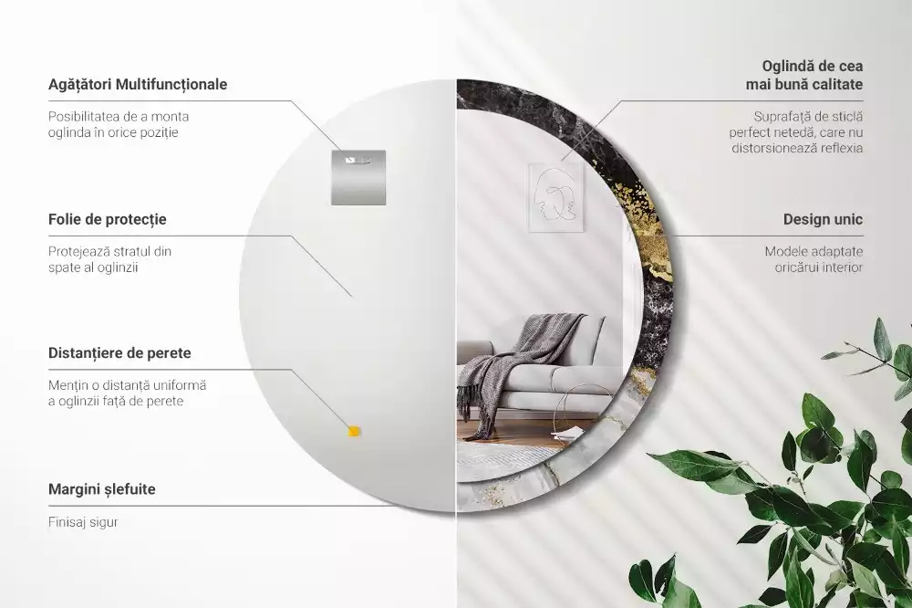 Lustro ścienne dekoracyjne w stylu loft z ramą w motywie czarnego marmuru, w wersji okrągłej