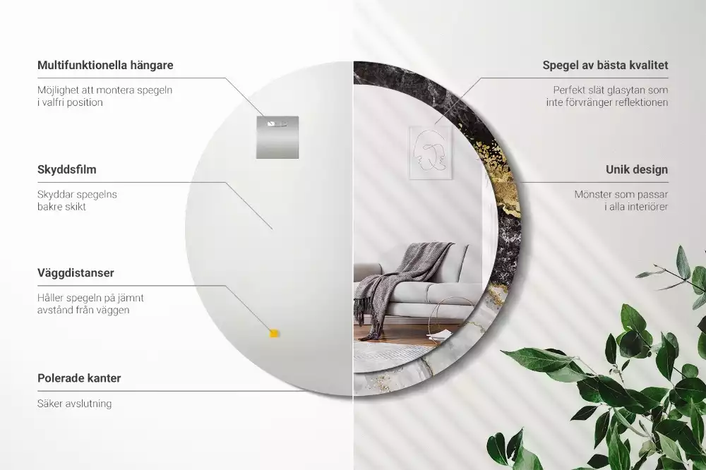 Lustro ścienne dekoracyjne w stylu loft z ramą w motywie czarnego marmuru, w wersji okrągłej
