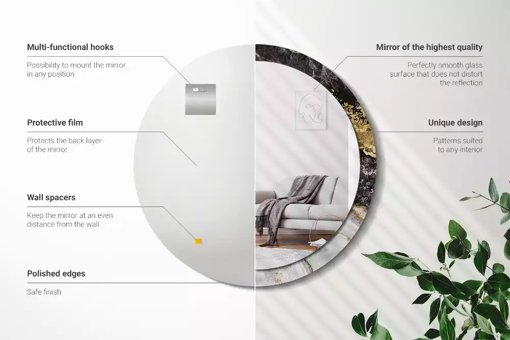 Lustro ścienne dekoracyjne w stylu loft z ramą w motywie czarnego marmuru, w wersji okrągłej