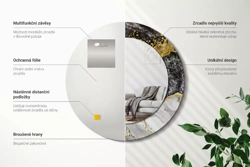 Lustro ścienne dekoracyjne w stylu loft z ramą w motywie czarnego marmuru, w wersji okrągłej