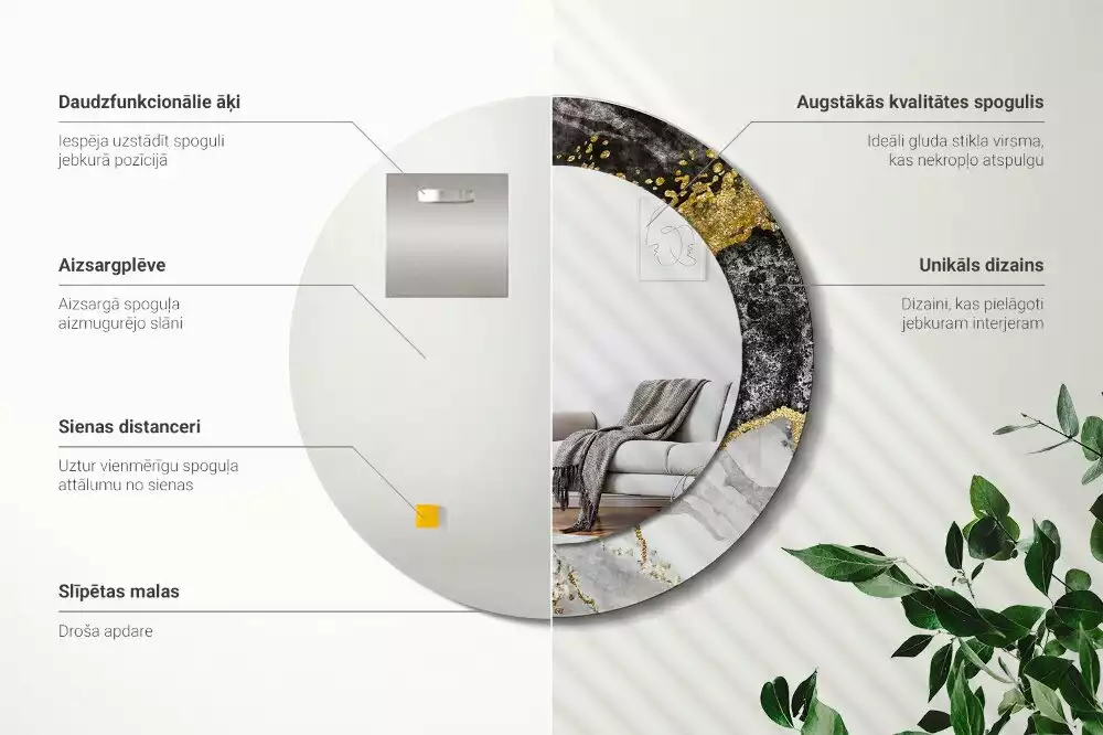 Lustro ścienne dekoracyjne w stylu loft z ramą w motywie czarnego marmuru, w wersji okrągłej