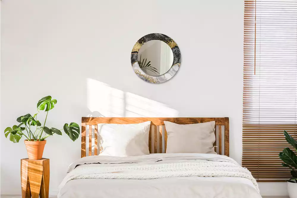 Lustro ścienne dekoracyjne w stylu loft z ramą w motywie czarnego marmuru, w wersji okrągłej