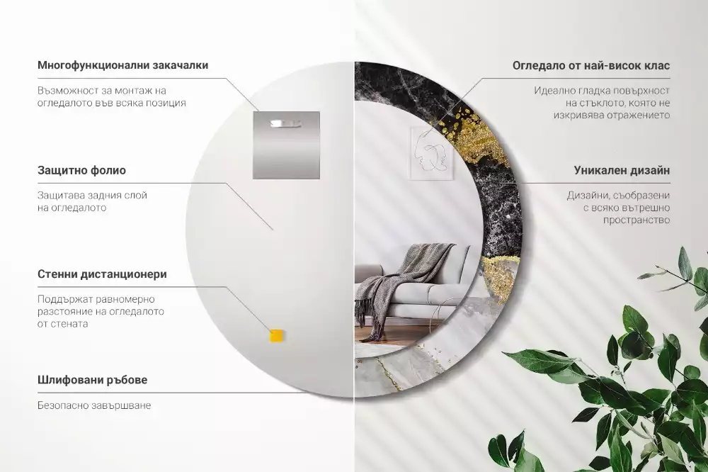 Lustro ścienne dekoracyjne w stylu loft z ramą w motywie czarnego marmuru, w wersji okrągłej