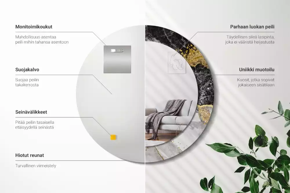 Lustro ścienne dekoracyjne w stylu loft z ramą w motywie czarnego marmuru, w wersji okrągłej