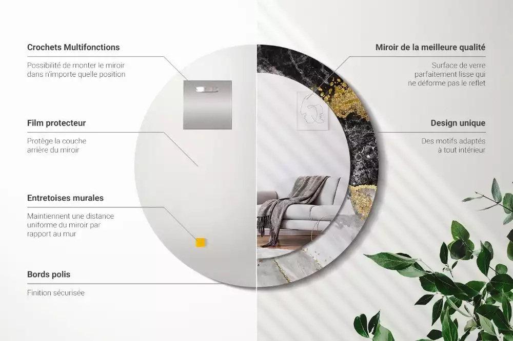 Lustro ścienne dekoracyjne w stylu loft z ramą w motywie czarnego marmuru, w wersji okrągłej