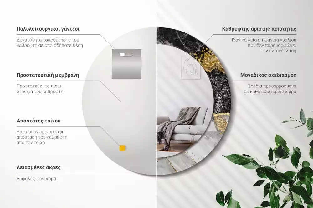 Lustro ścienne dekoracyjne w stylu loft z ramą w motywie czarnego marmuru, w wersji okrągłej