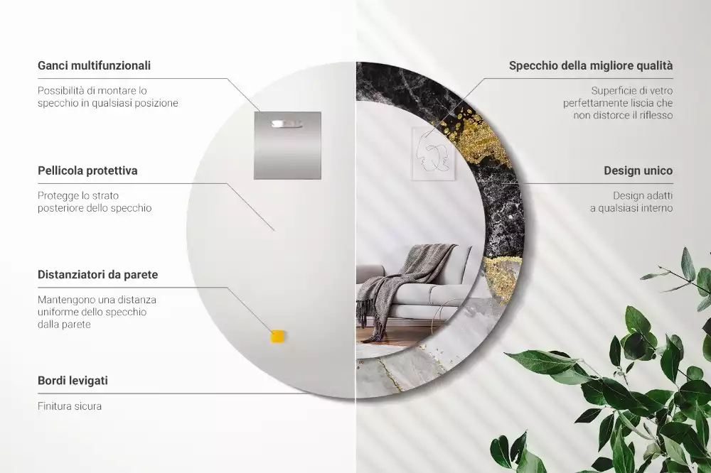 Lustro ścienne dekoracyjne w stylu loft z ramą w motywie czarnego marmuru, w wersji okrągłej