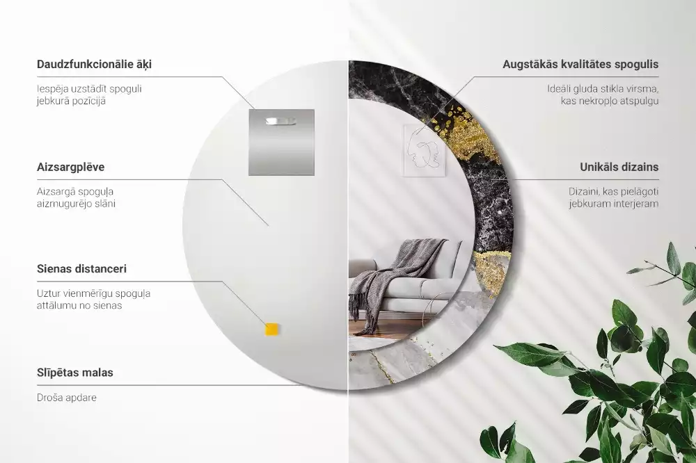 Lustro ścienne dekoracyjne w stylu loft z ramą w motywie czarnego marmuru, w wersji okrągłej