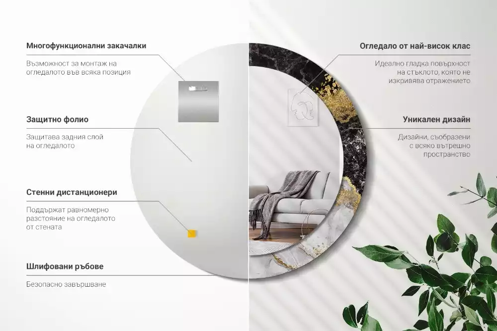 Lustro ścienne dekoracyjne w stylu loft z ramą w motywie czarnego marmuru, w wersji okrągłej