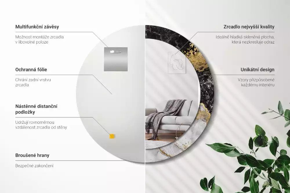 Lustro ścienne dekoracyjne w stylu loft z ramą w motywie czarnego marmuru, w wersji okrągłej