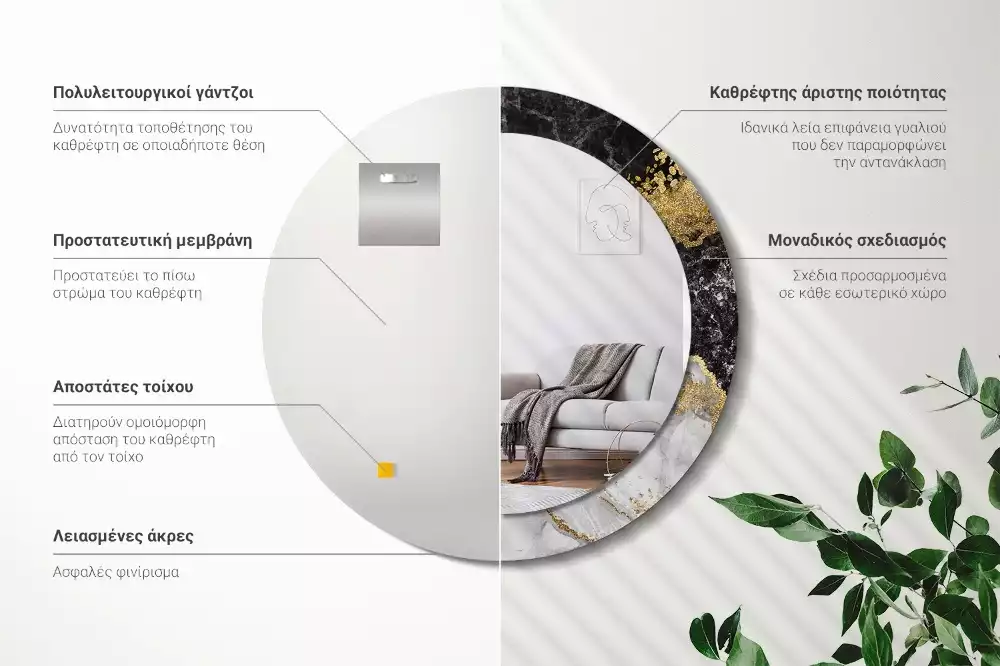 Lustro ścienne dekoracyjne w stylu loft z ramą w motywie czarnego marmuru, w wersji okrągłej