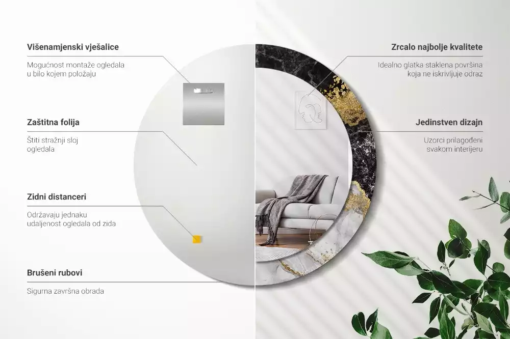 Lustro ścienne dekoracyjne w stylu loft z ramą w motywie czarnego marmuru, w wersji okrągłej