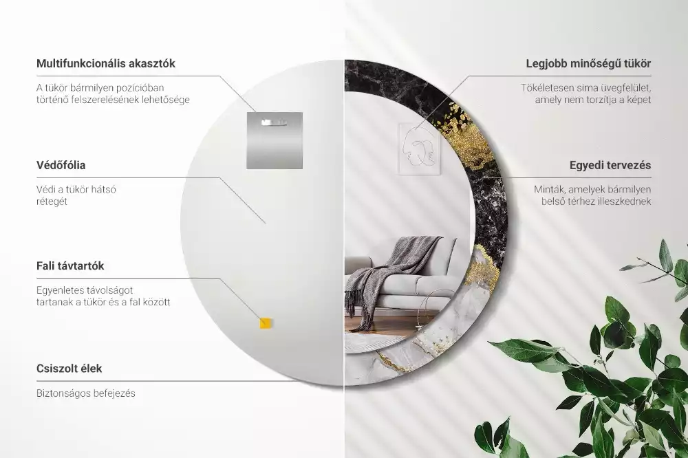 Lustro ścienne dekoracyjne w stylu loft z ramą w motywie czarnego marmuru, w wersji okrągłej