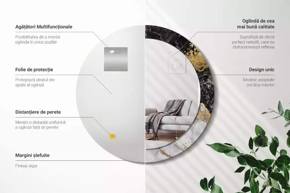 Lustro ścienne dekoracyjne w stylu loft z ramą w motywie czarnego marmuru, w wersji okrągłej