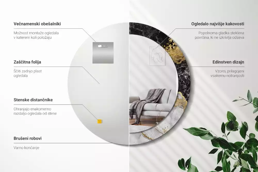 Lustro ścienne dekoracyjne w stylu loft z ramą w motywie czarnego marmuru, w wersji okrągłej