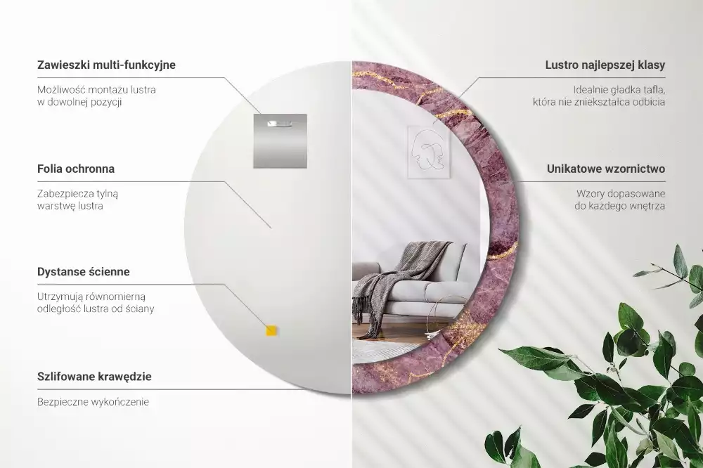 Lustro z ramą z nadrukiem w imitacji marmuru w kształcie okrągłym