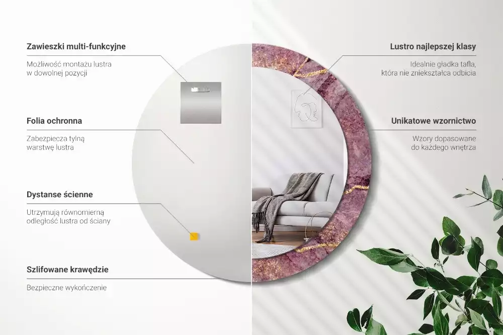 Lustro z ramą z nadrukiem w imitacji marmuru w kształcie okrągłym