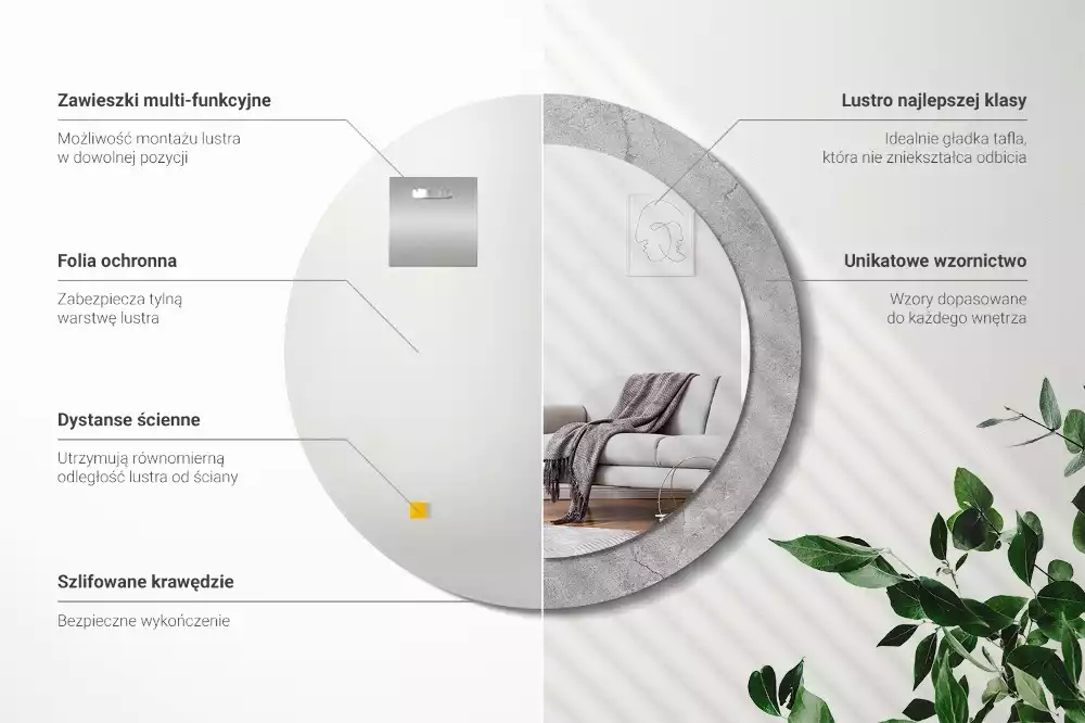 Lustro z drukowaną ramką w motywie szarego cementu