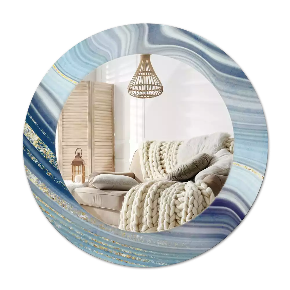 Lustro okrągłe z drukowaną ramką w motywie niebieskiego marmuru