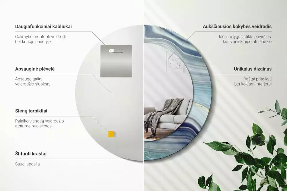 Lustro okrągłe z drukowaną ramką w motywie niebieskiego marmuru