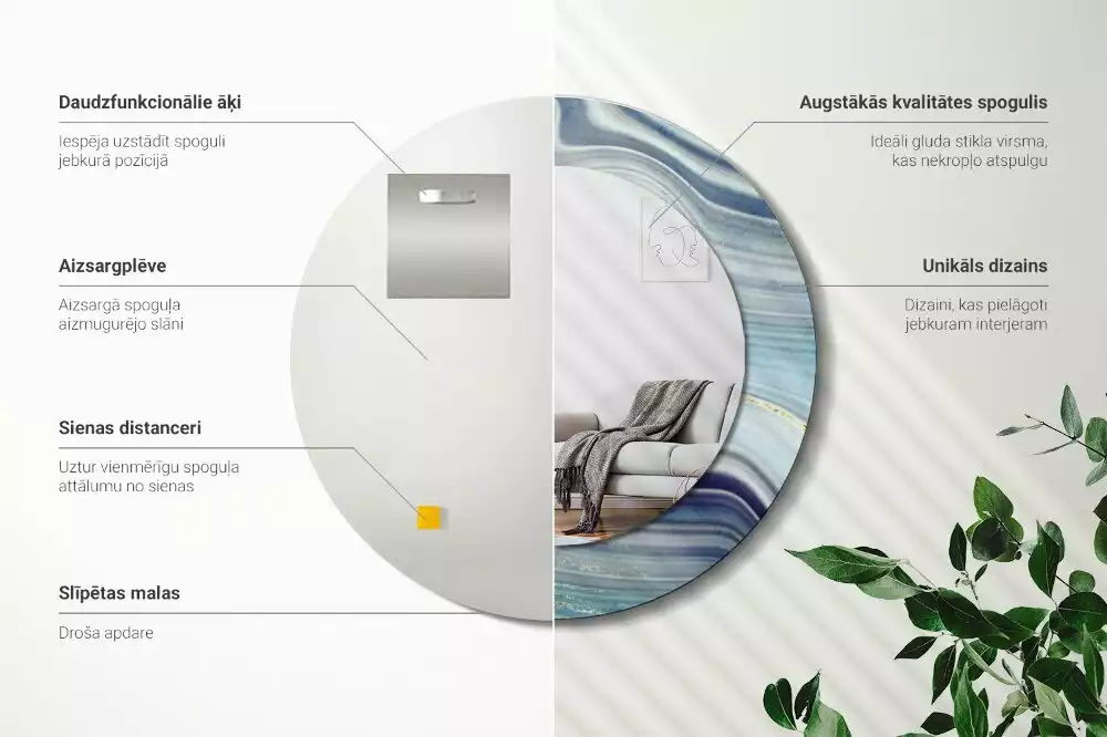 Lustro okrągłe z drukowaną ramką w motywie niebieskiego marmuru