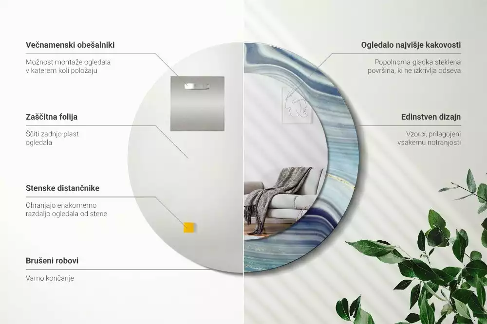 Lustro okrągłe z drukowaną ramką w motywie niebieskiego marmuru
