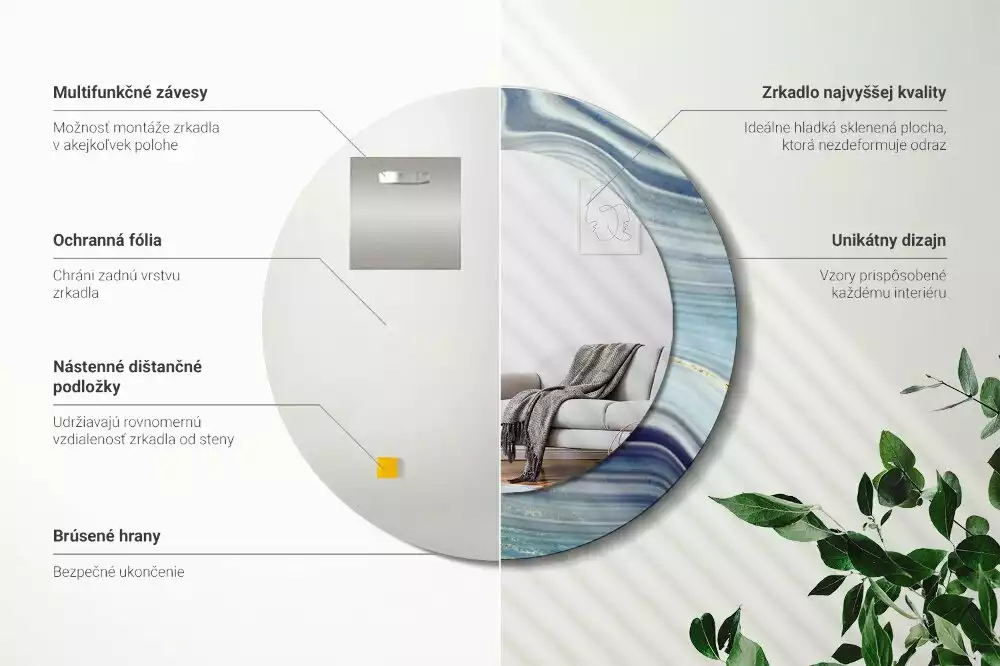 Lustro okrągłe z drukowaną ramką w motywie niebieskiego marmuru