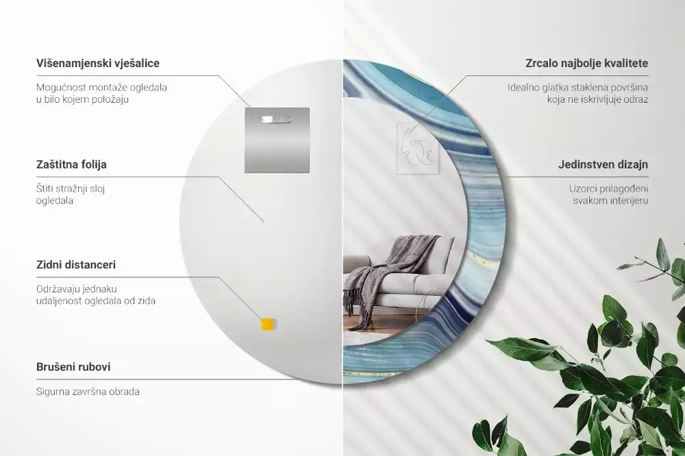 Lustro okrągłe z drukowaną ramką w motywie niebieskiego marmuru