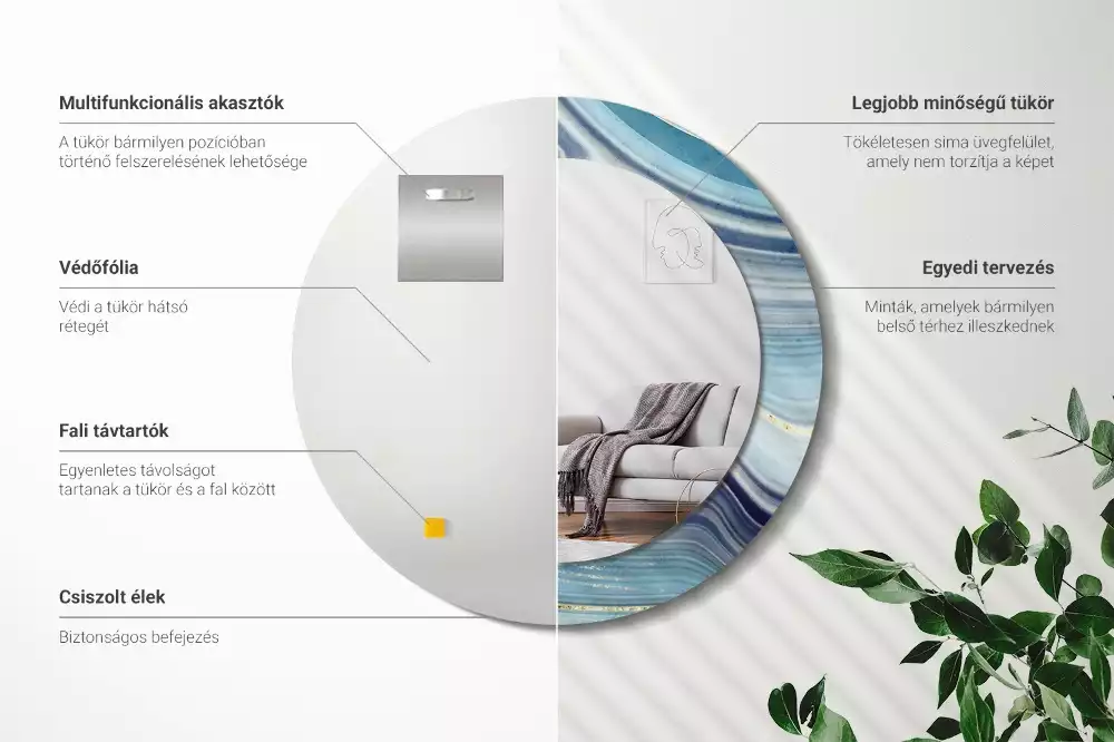 Lustro okrągłe z drukowaną ramką w motywie niebieskiego marmuru