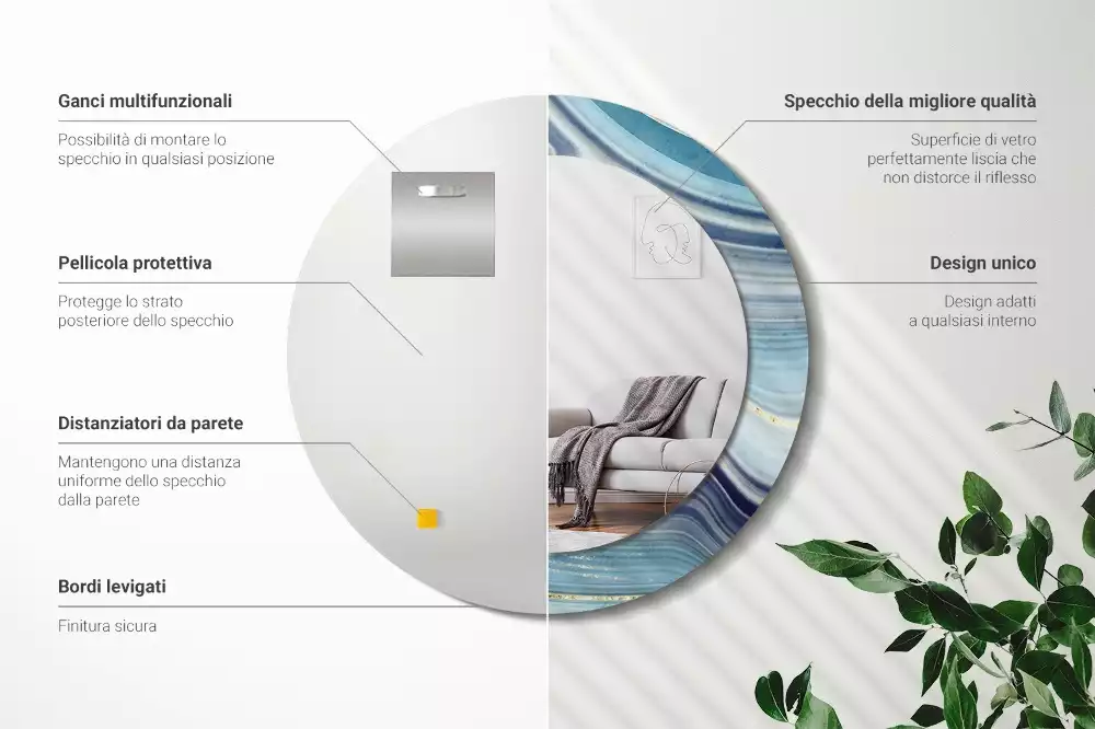 Lustro okrągłe z drukowaną ramką w motywie niebieskiego marmuru