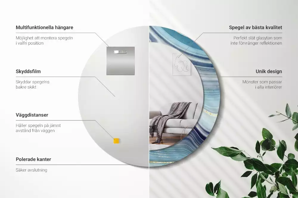 Lustro okrągłe z drukowaną ramką w motywie niebieskiego marmuru