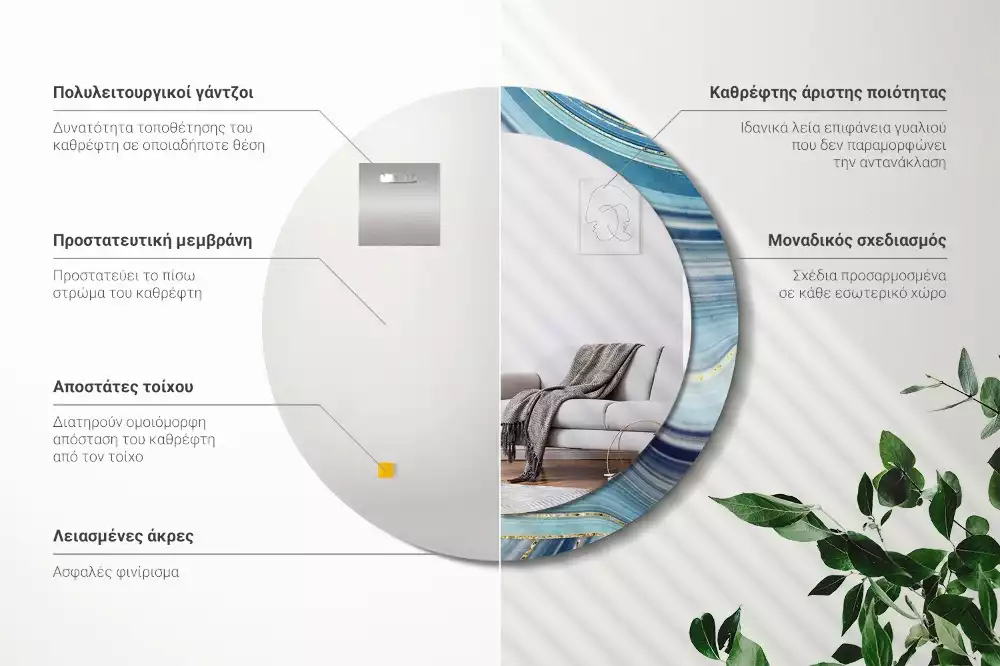 Lustro okrągłe z drukowaną ramką w motywie niebieskiego marmuru