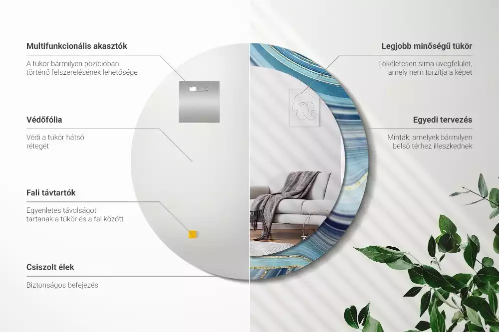 Lustro okrągłe z drukowaną ramką w motywie niebieskiego marmuru