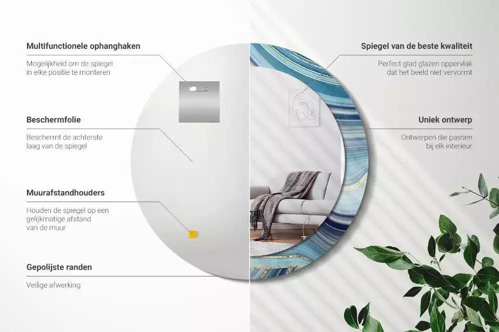 Lustro okrągłe z drukowaną ramką w motywie niebieskiego marmuru