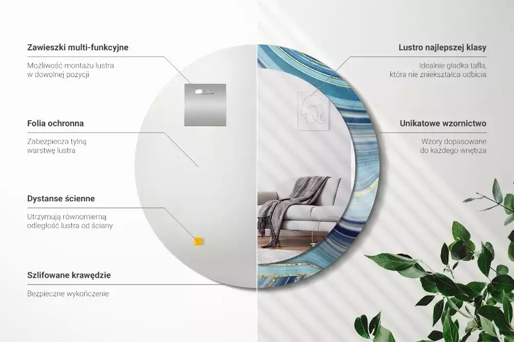 Lustro okrągłe z drukowaną ramką w motywie niebieskiego marmuru