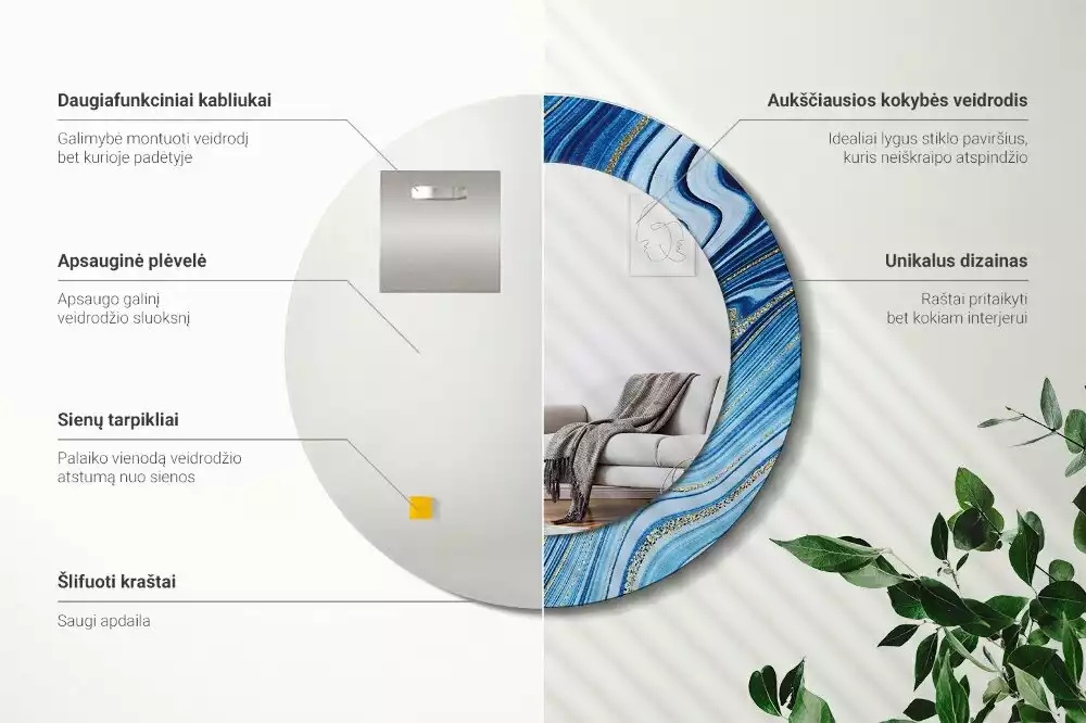 Lustro w okrągłej ramie z nadrukiem „Marmurowa rzeka”