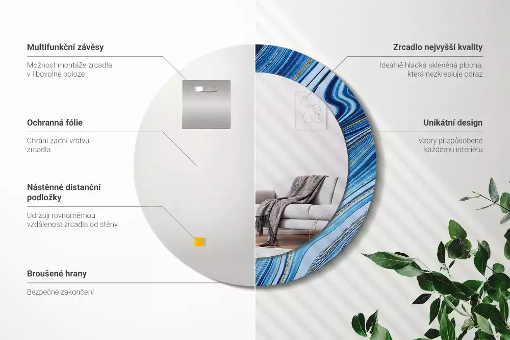 Lustro w okrągłej ramie z nadrukiem „Marmurowa rzeka”