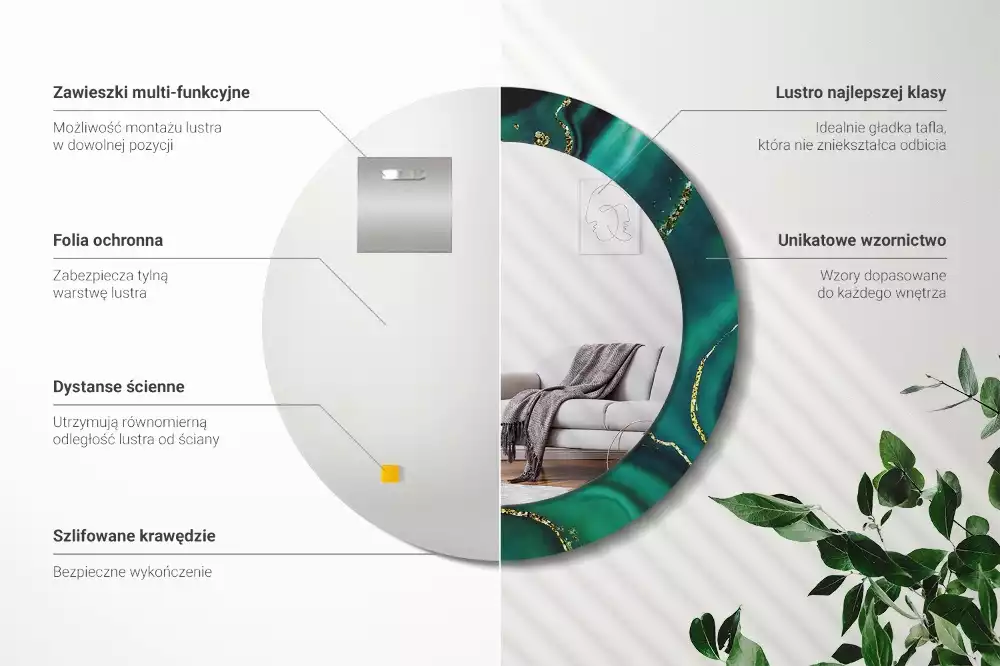 Lustro z drukowaną ramką w motywie szmaragdowego marmuru