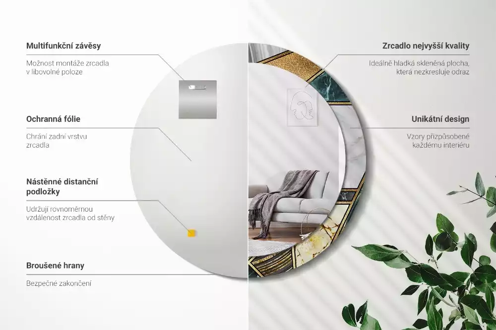 Lustro w ramie z nadrukiem w stylu marmurowym, w wersji okrągłej