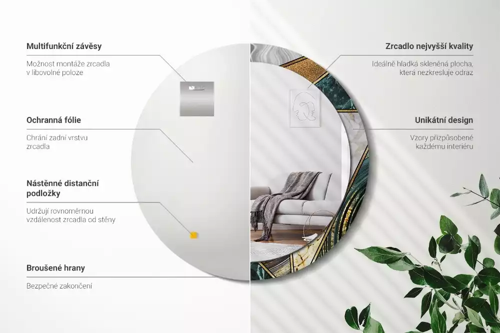 Lustro w ramie z nadrukiem w stylu marmurowym, w wersji okrągłej