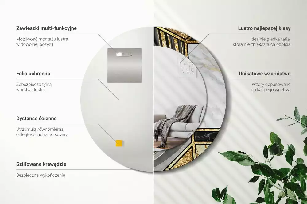 Lustro w ramie z nadrukiem w stylu marmurowym, w wersji okrągłej